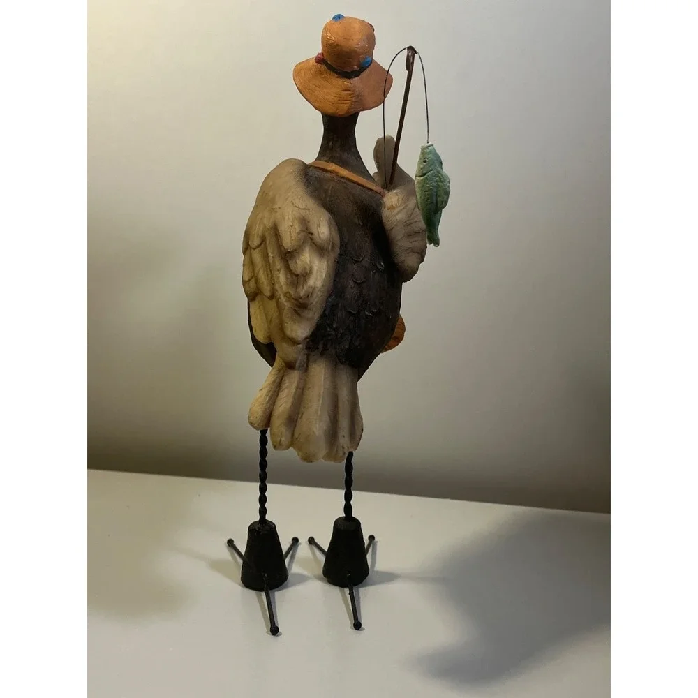 Whimsical Fisherman Crow Figurine with Spring To Bobble Resin Sculpture
